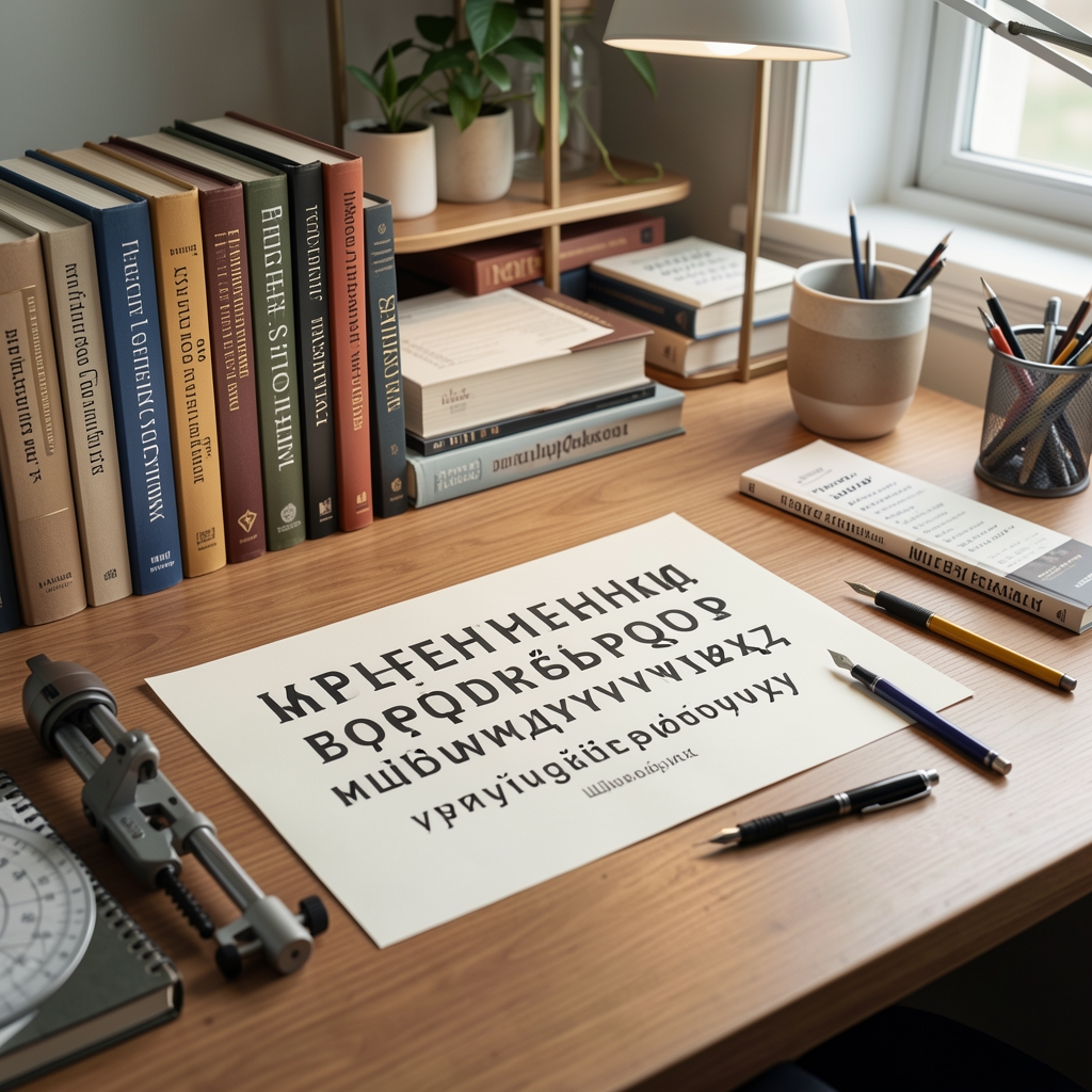 Рабочее пространство исследователя типографики с книгами о шрифтах, образцами гарнитур на бумаге и профессиональными инструментами для анализа шрифтовых форм