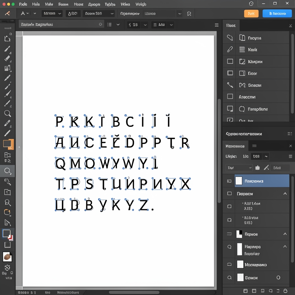 Экран профессионального шрифтового редактора Glyphs с открытым проектом: детальный вид на контурный редактор буквы с точками кривых Безье, боковую панель с глифами кириллического алфавита и метрическую информацию о размерах знаков